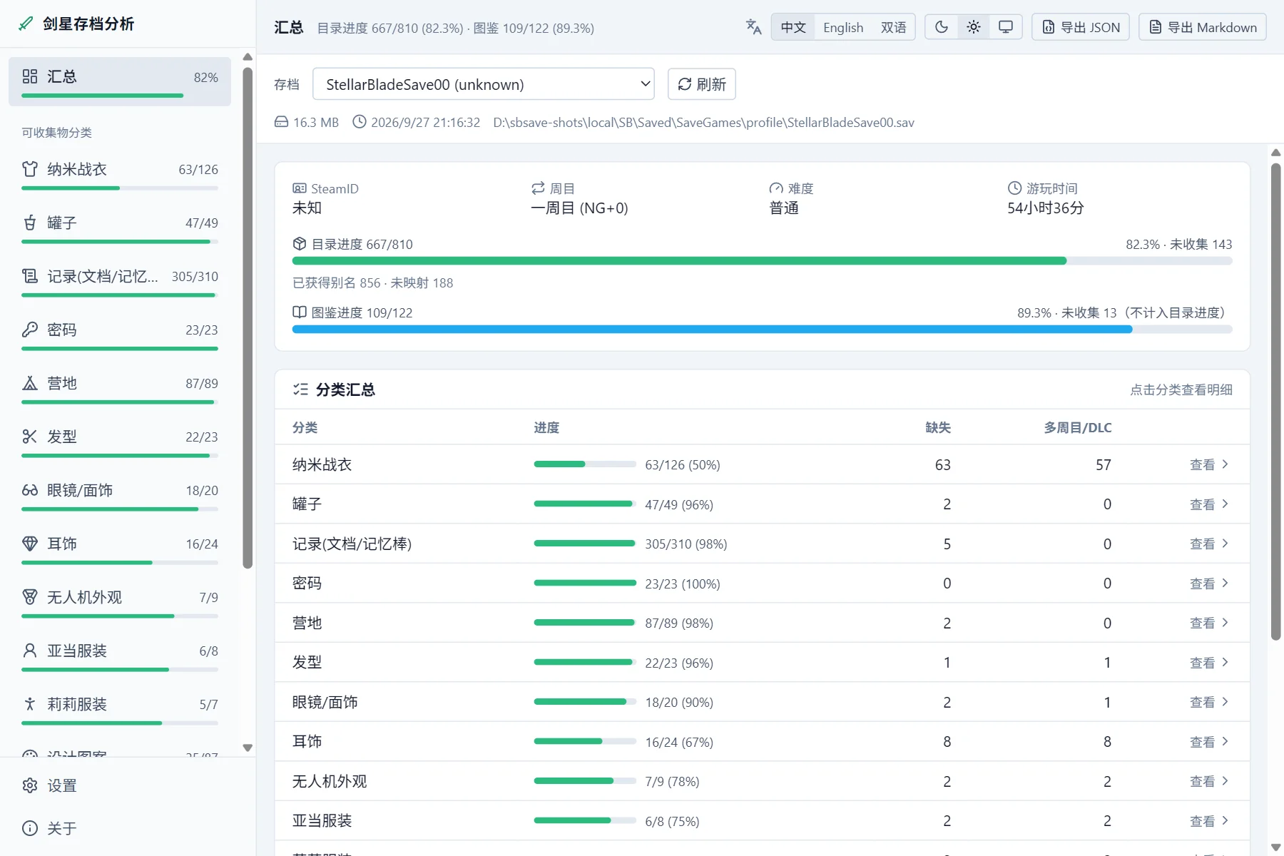 sblade-explorer 汇总页：目录进度、图鉴进度与分类汇总